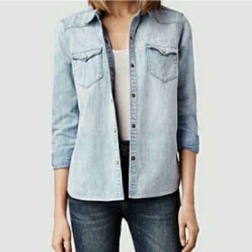 All Saints long sleeve snap up denim top, more fitted style. Gently worm